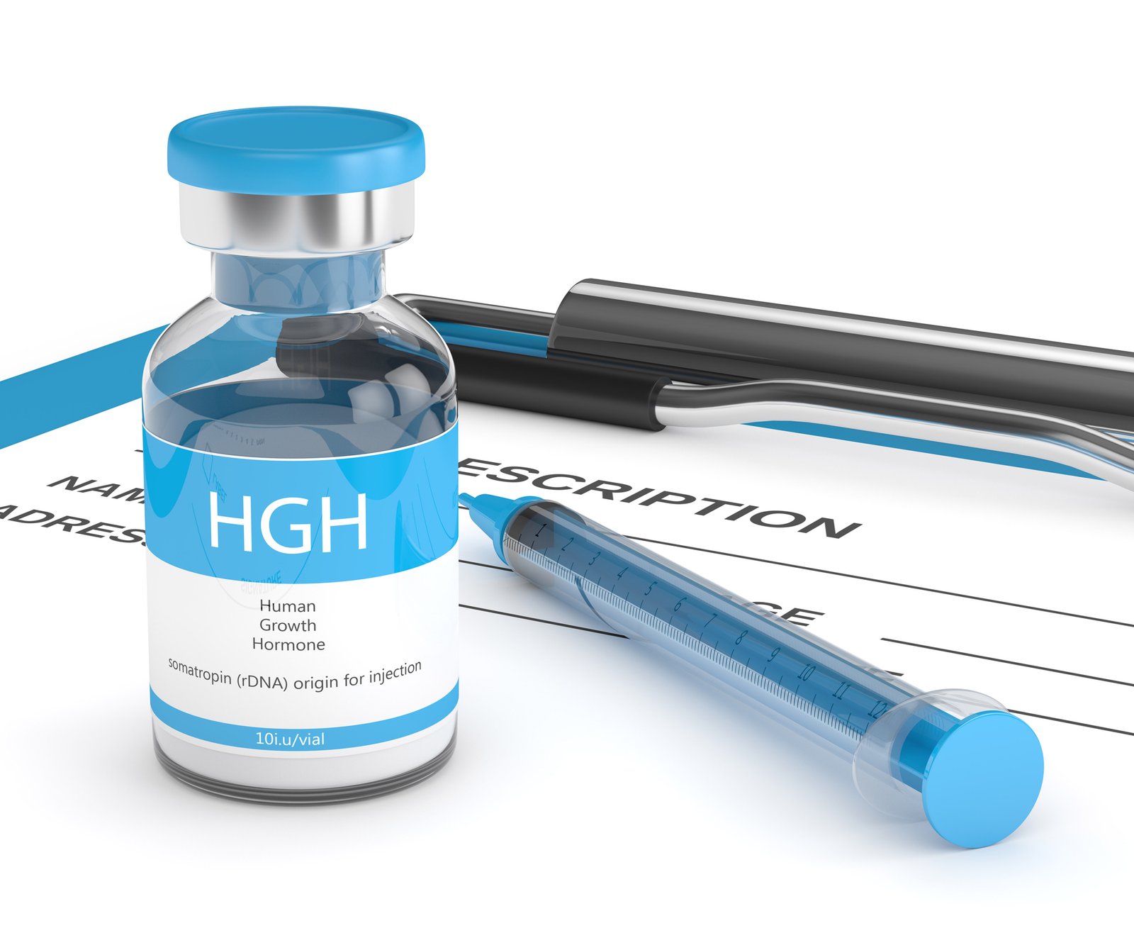 3d render of HGH vial with syringe on clipboard Biotropin Fitness